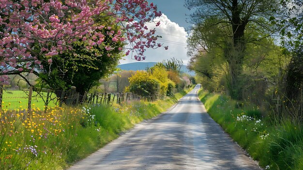 Uma longa e sinuosa estrada se estende através de um campo verde exuberante a estrada é delimitada por uma cerca e árvores e o céu é um azul claro