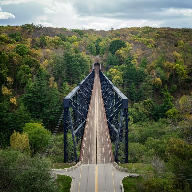 Foto uma longa e velha ponte de aço sobre uma ravina arborizada em fayetteville