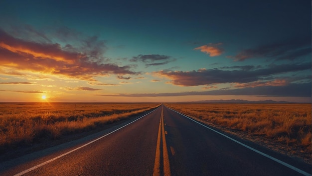 Uma longa estrada ao pôr-do-sol com um belo céu e nuvens