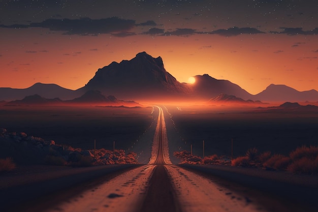 Uma longa estrada com um pôr do sol ao fundo