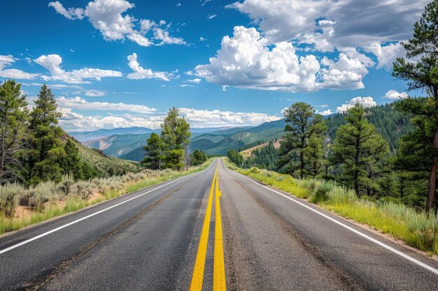 Foto uma longa estrada com uma linha amarela ao lado