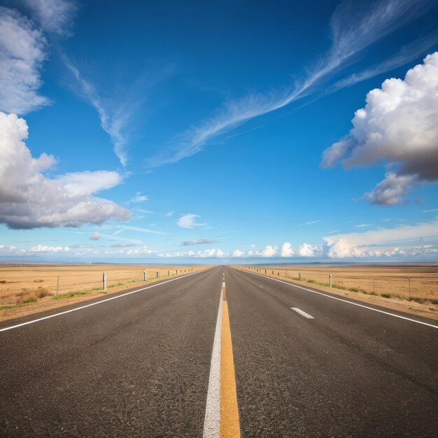 Foto uma longa estrada reta e um céu azul.