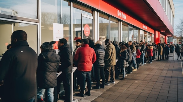 Foto uma longa fila de compradores esperando do lado de fora de uma loja na black friday