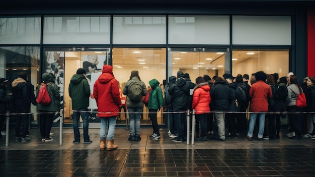 Foto uma longa fila de compradores esperando do lado de fora de uma loja na black friday