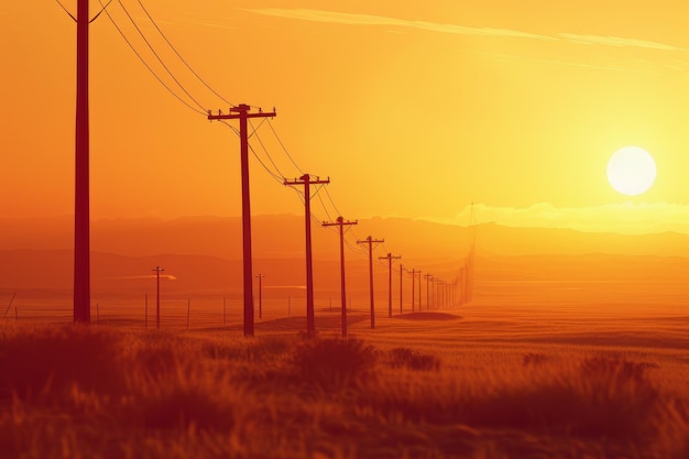 Uma longa fila de postes de energia com um sol brilhante ao fundo
