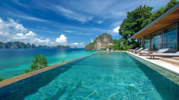 Uma longa piscina com vista para o oceano