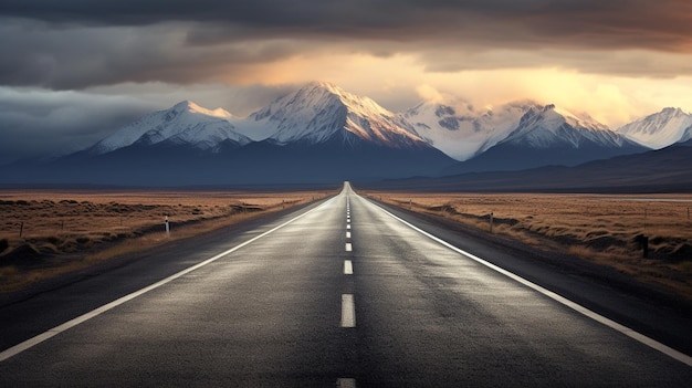 Foto uma longa viagem em linha reta em direção às montanhas.