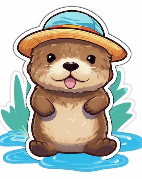 Uma lontra de desenho animado senta-se em uma lagoa.