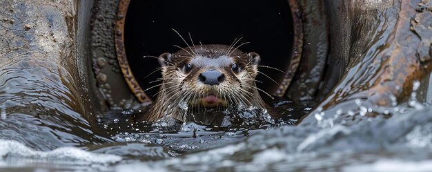 Foto uma lontra de rio brincando nadando em um dreno de tempestade da cidade emergindo ocasionalmente para explorar