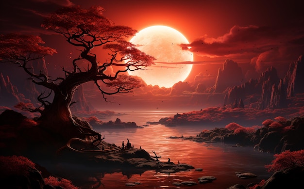Uma lua carmesim banha a cena destacando a silhueta de uma árvore antiga