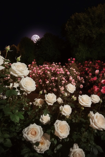 Uma lua cheia é visível atrás de um campo de rosas.