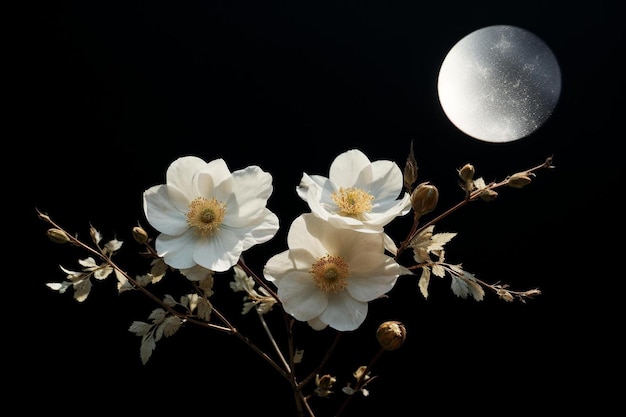 uma lua cheia é vista atrás das flores.