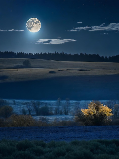 uma lua cheia é vista sobre um campo com uma árvore em primeiro plano