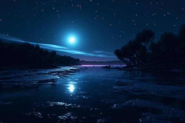 Uma lua cheia está a brilhar sobre um lago.