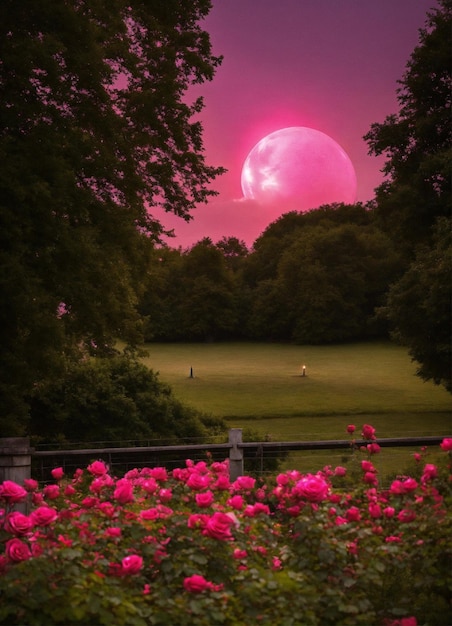 uma lua cheia está atrás de algumas flores cor-de-rosa