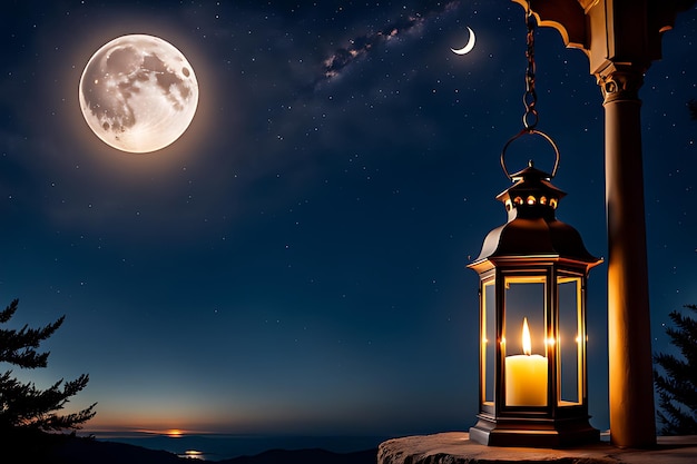 Uma lua cheia está atrás de uma lanterna e a lua é uma lua cheia