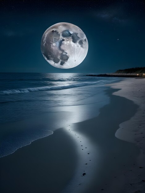 uma lua cheia está brilhando em uma praia com uma cena de praia