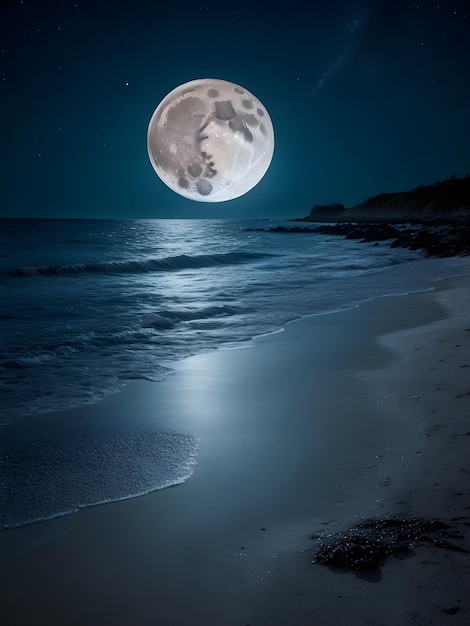 Uma lua cheia está brilhando em uma praia com uma lua cheia ao fundo