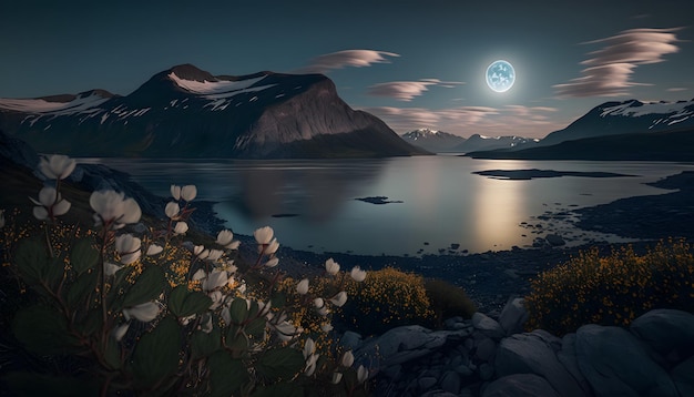 Uma lua cheia está brilhando sobre uma paisagem montanhosa.