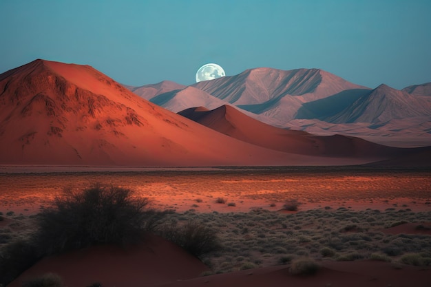 Uma lua cheia nasce sobre as dunas de areia vermelha do deserto do saara.