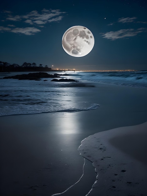 uma lua cheia nasce sobre o oceano e a praia