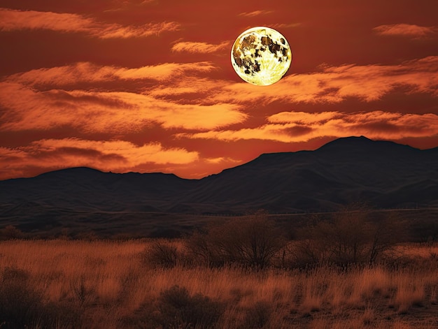 Uma lua cheia nasce sobre um céu escuro no estilo de laranja escuro e ouro claro