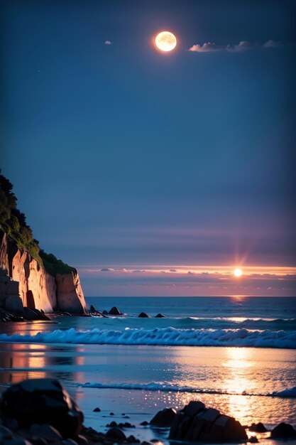Uma lua cheia nasce sobre uma praia com um penhasco ao fundo.