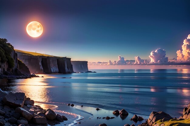 Uma lua cheia sobre o oceano com uma praia e montanhas ao fundo.