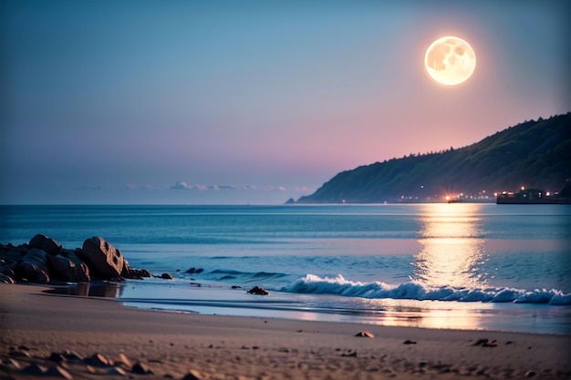 Uma lua cheia sobre o oceano com uma praia e montanhas ao fundo.