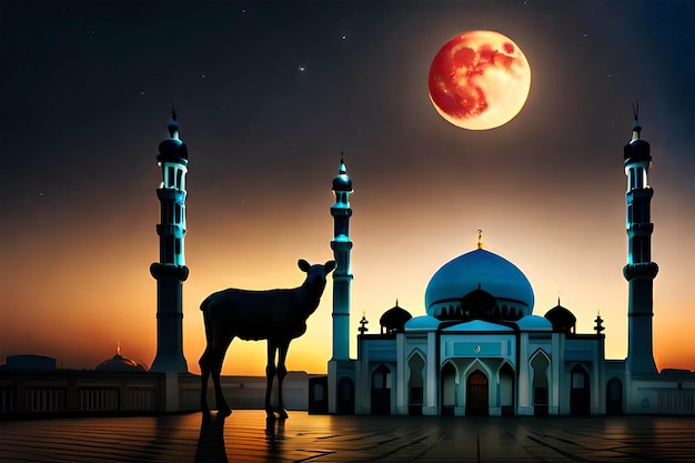 Uma lua cheia sobre uma mesquita com um cervo na frente
