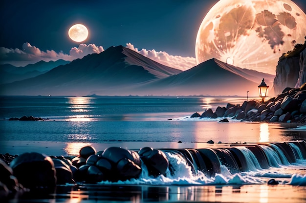 Uma lua cheia sobre uma praia