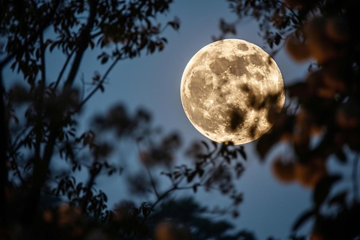 uma lua cheia vista através dos galhos de uma árvore