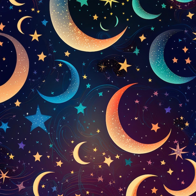 Uma lua colorida e estrelas com um padrão de estrela no fundo.