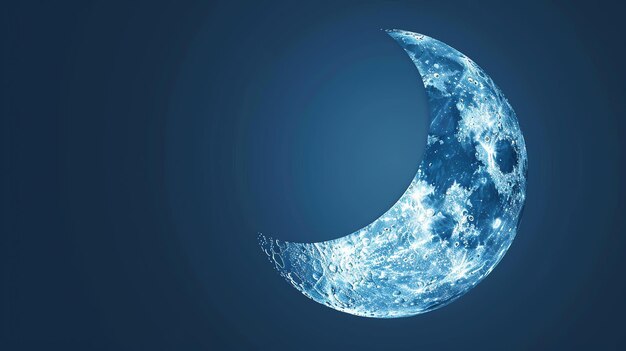 Uma lua crescente brilha contra um céu azul escuro