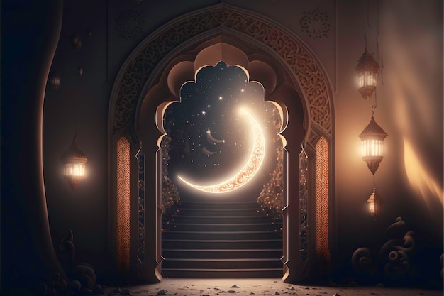 Uma lua e estrelas são visíveis através de uma porta.