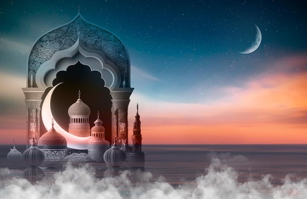 Uma lua e uma mesquita no céu Ramadan Mubarak lindo cartão de felicitações