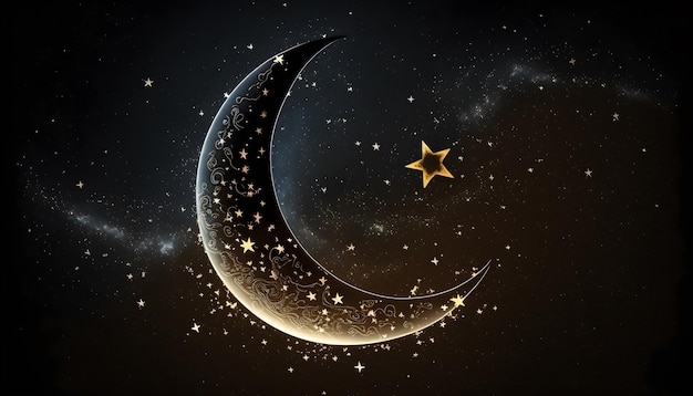 Foto uma lua preta e dourada com uma estrela nela.