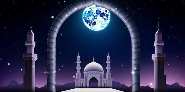 Uma lua sobre uma mesquita com uma lua ao fundo