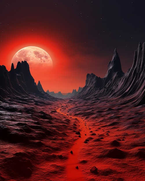 Uma lua vermelha está nascendo sobre o oceano e a lua vermelha é um céu vermelho.