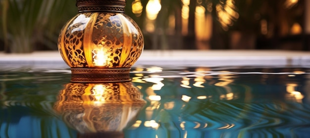 Foto uma luminosa lanterna de vidro do ramadã à noite flutuando sobre uma piscina de água com fundo de palma
