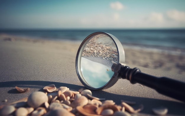 Uma lupa está na praia e a areia é cercada por conchas.