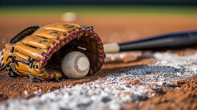 Foto uma luva de beisebol e um taco de beisebul em um campo de beisebal