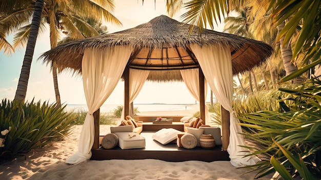 Uma luxuosa cabana de praia que oferece um refúgio de verão exclusivo e tranquilo, cercado por uma natureza exuberante