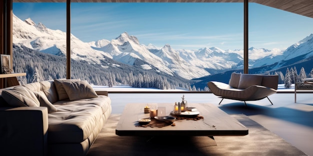 Uma luxuosa estação de esqui aninhada em meio a montanhas cobertas de neve criada com tecnologia de IA generativa