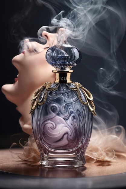 Uma luxuosa garrafa de perfume envolta num turbilhão de fumaça cheirosa