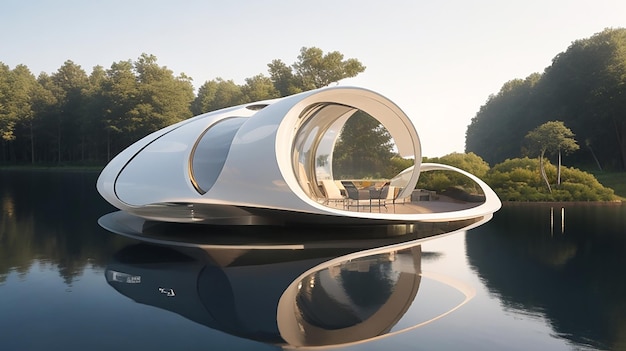 Uma luxuosa residência de alta tecnologia com fachada metálica curva cercada por um lago tranquilo