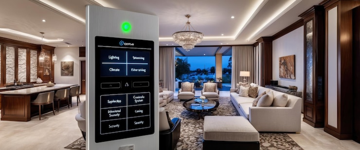 Foto uma luxuosa sala de estar inteligente com um sistema de automação doméstica de última geração