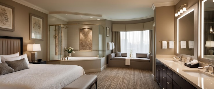 Foto uma luxuosa suite de hóspedes com uma cama king-size de pelúcia e uma decoração elegante para relaxamento