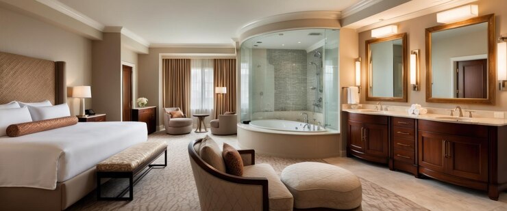 Foto uma luxuosa suite de hóspedes com uma cama king-size de pelúcia e uma decoração elegante para relaxamento