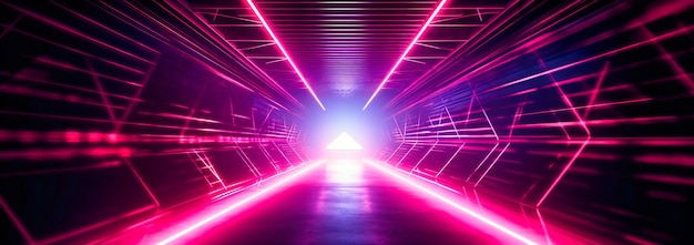 Uma luz artística rosa e roxa brilhando no túnel